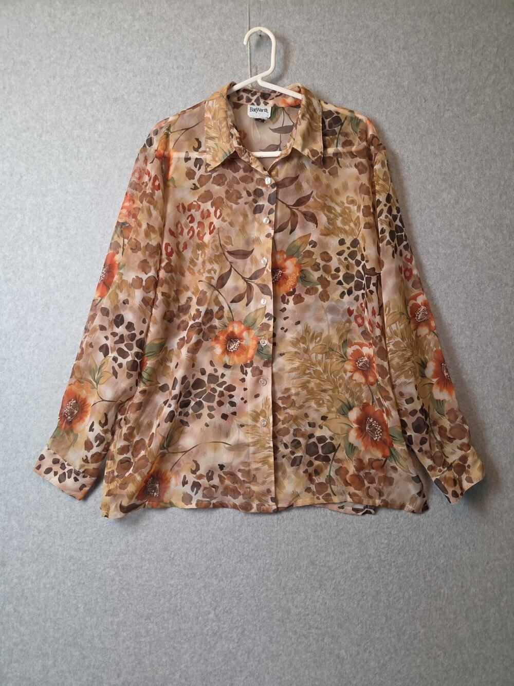 Vintage BonWorth Tan Floral Animal Print LS Sheer Button Up Blouse Women's Large